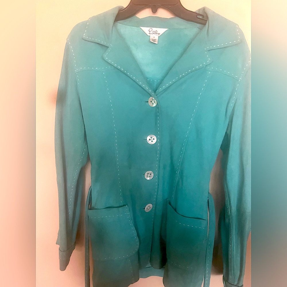 Lilly Pulitzer Vintage Aqua/Green Lamb Suede Jacket W/ Belt. Size Small